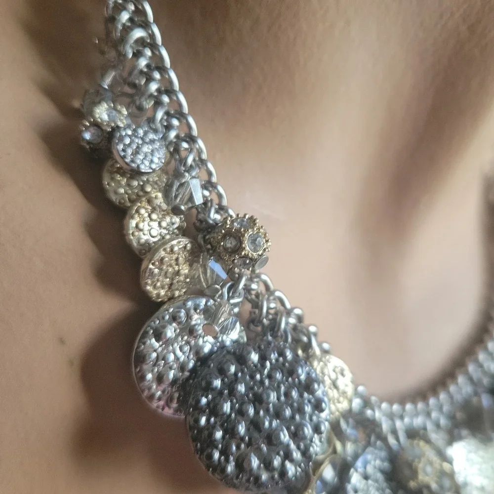Ann‎ Taylor Loft Silver Gold Tone Crystal Charm Statement Necklace